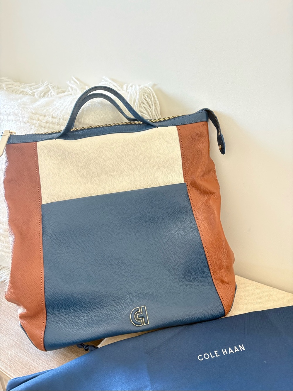 Cole Haan Colorblock Leather Tote - Navy, Cream & Cognac
